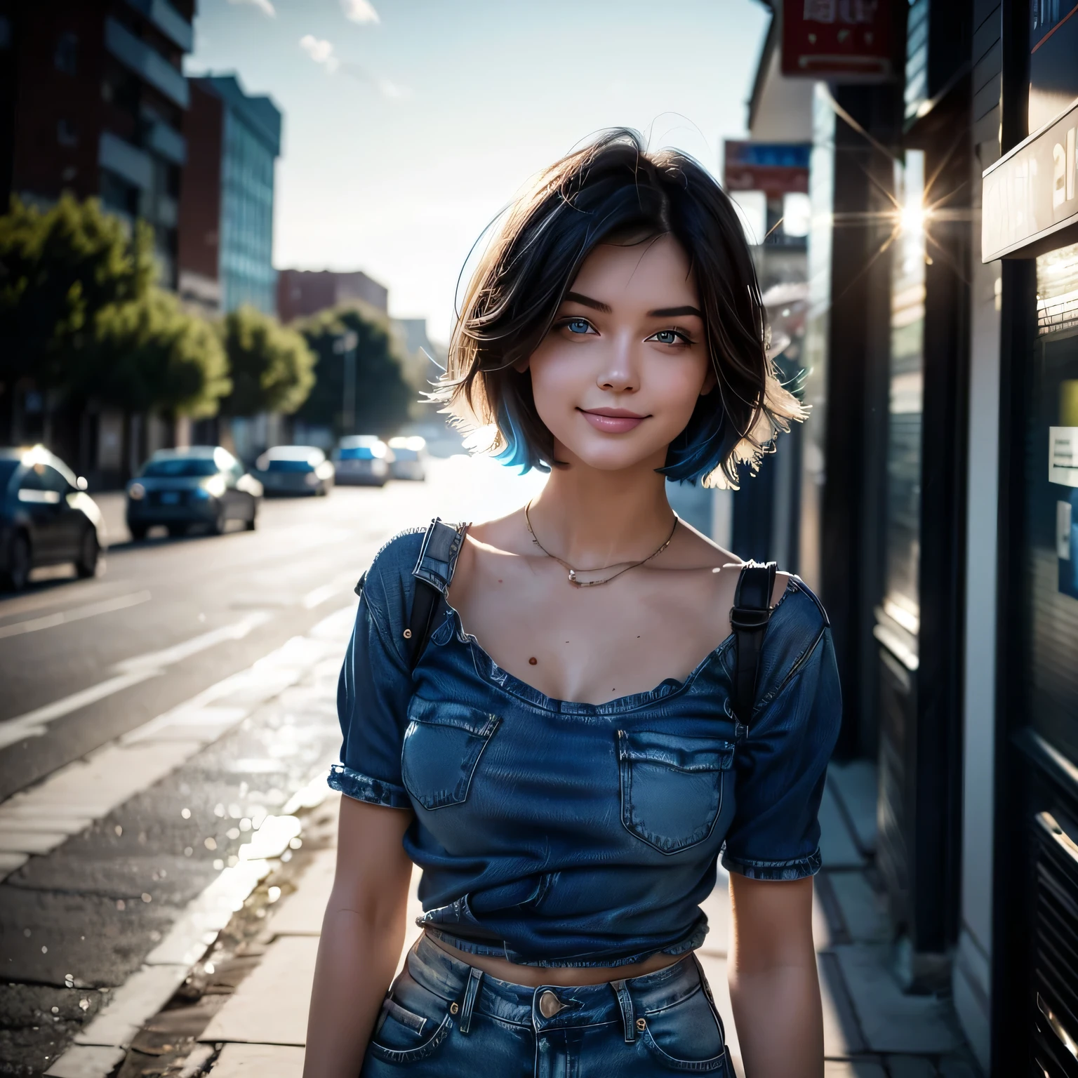 1 girl, short hair with blue highlights, perfect hands, perfectbody, sensuous, walking around the city, the eyes, orange t-shirt, white bra, jeans, White sneakers, (( from the front to the camera, gazing at viewer ), standing alone, Short black hair with blue highlights, blue colored eyes, perfectbody, Hair behind the ear, hair over eyes, looking at the camera, black hair, hair behind ear, short hair, grin, Hyperrealism, lens flare, 16K