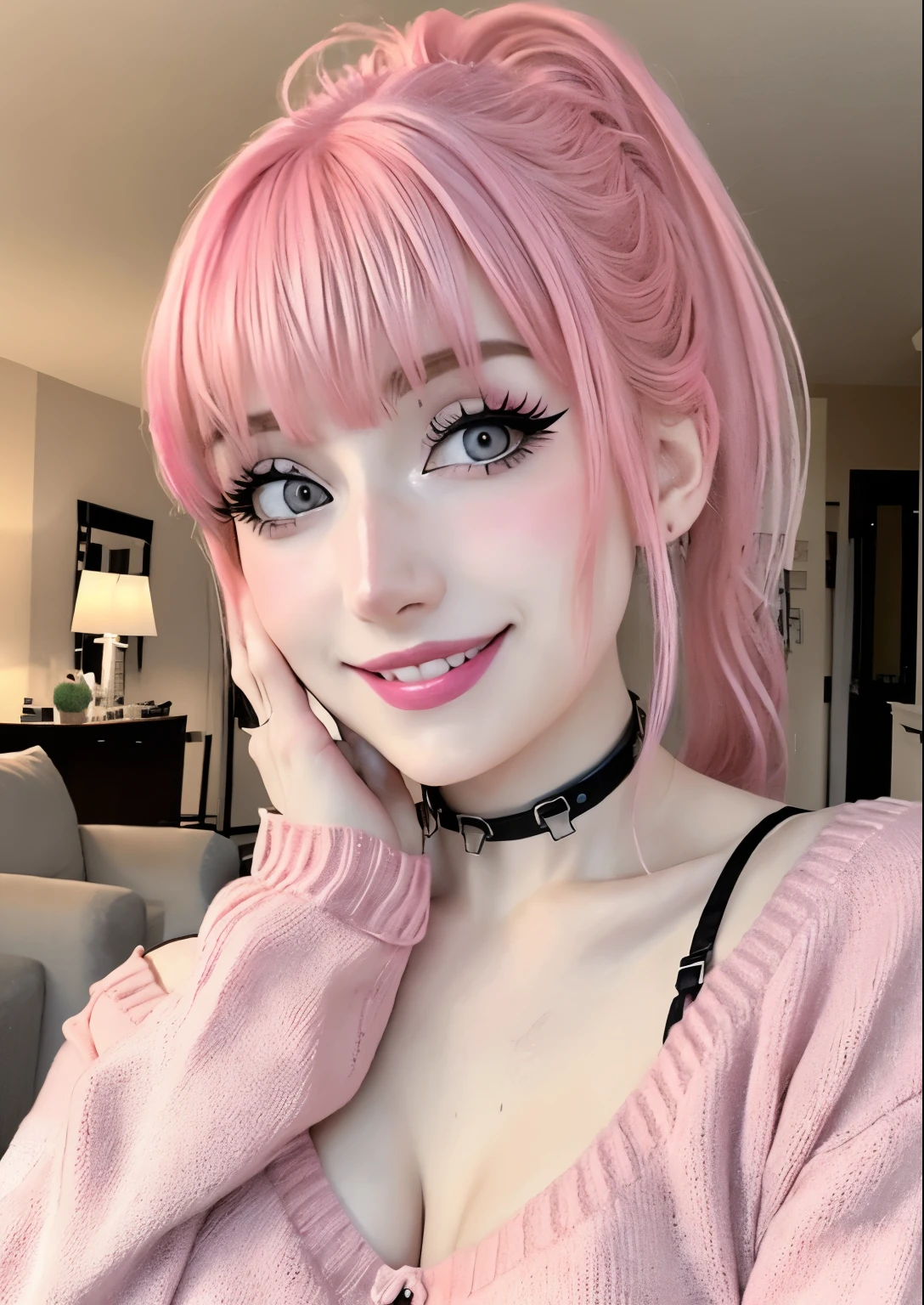 1girl,egirlmakeup, messy hair, messy ponytail, messy bangs, bright pink hair, big breasts, choker, living room, looking at viewer, pale skin, sweater, grin, head tilt, hands on face