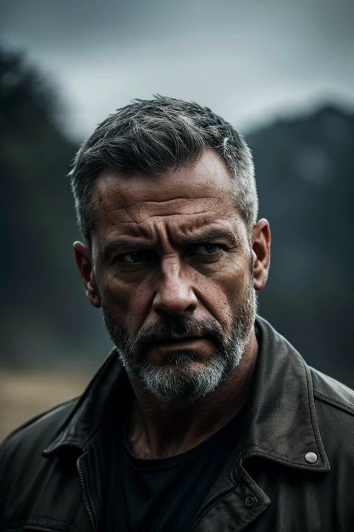 a battle-hardened ex-soldier, grey hair, beard, rugged weathered face, battle-scarred, wandering drifter, detailed highly realistic portrait, dramatic lighting, cinematic composition, moody atmosphere, (best quality,4k,8k,highres,masterpiece:1.2),ultra-detailed,(realistic,photorealistic,photo-realistic:1.37),cinematic,dramatic,gritty,moody,dark,brooding,intense,haunting,close protection operative,hard jobs,realistic,photorealistic,highly detailed,cinematic,dramatic,moody,gritty,holds Glock 17