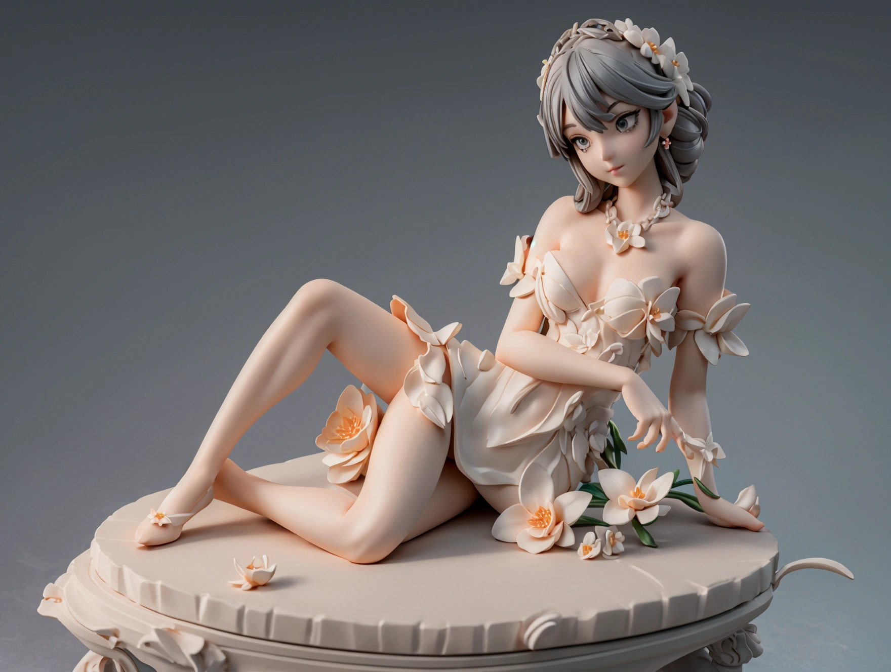 3d printed figurine, an elegant lady sitting on a rock base with flower clothes on, half lying pose, beautiful lady, extremely detailed and beautiful, elegant and sexy, bare chest, beautiful sculpture, 3d printed, zbrush, zbrush (medium), miniature style, beautiful colors, 3d printed on a base, full body, ultra detailed base made of rocks, plants around, plain grey background