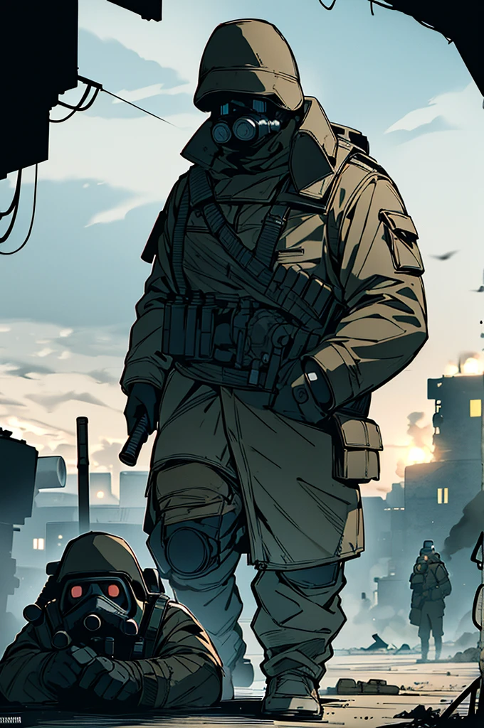 Russian soldier with rifle in night apocalyptic dead city area, military photography, nuclear, soldier with a gas mask, Muscular male, Person wearing gas mask, resting after a hard mission, in a post apocalyptic setting