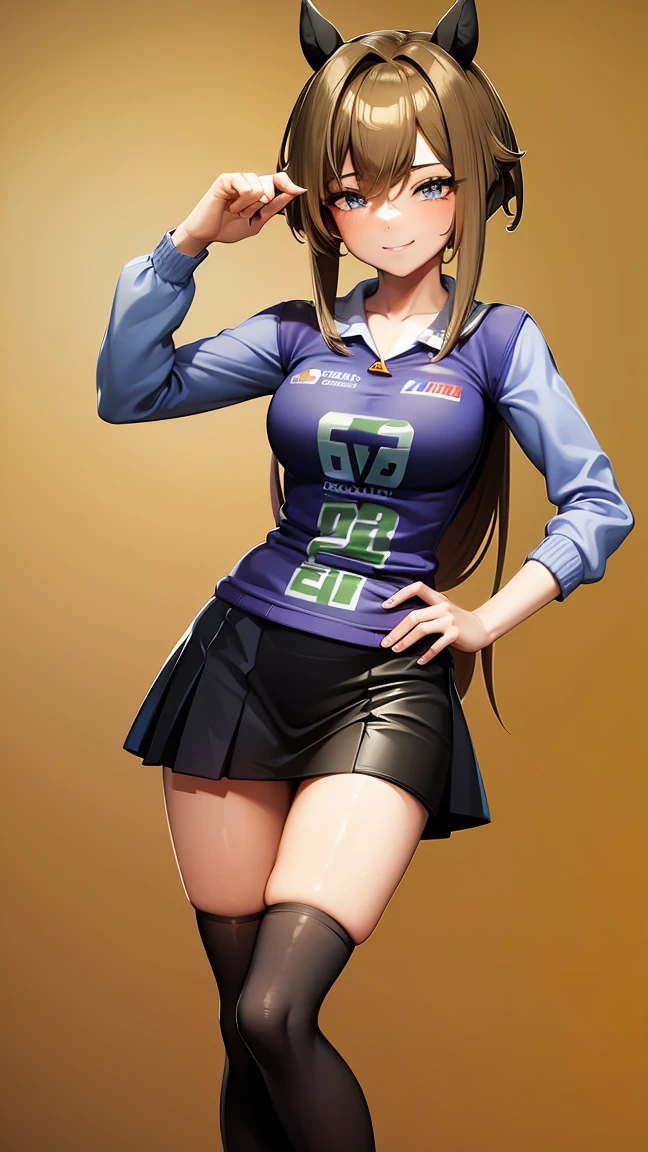 masterpiece, Highest quality, High resolution, Very detailed,(((Schwarzgran))), (((Wearing a jersey))), (((smile))), Panty shot, Purple underwear, Black Skirt