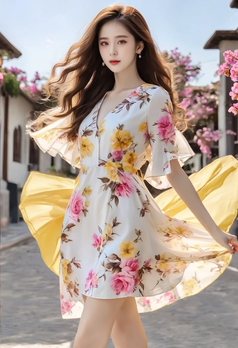 An image of a woman who calmly loves, Detailed medium brown hair, Bright yellow detailed eyes with long eyelashes, White short dress with pink floral print, Detailed brown high heel sandals. full body image. shoes foot