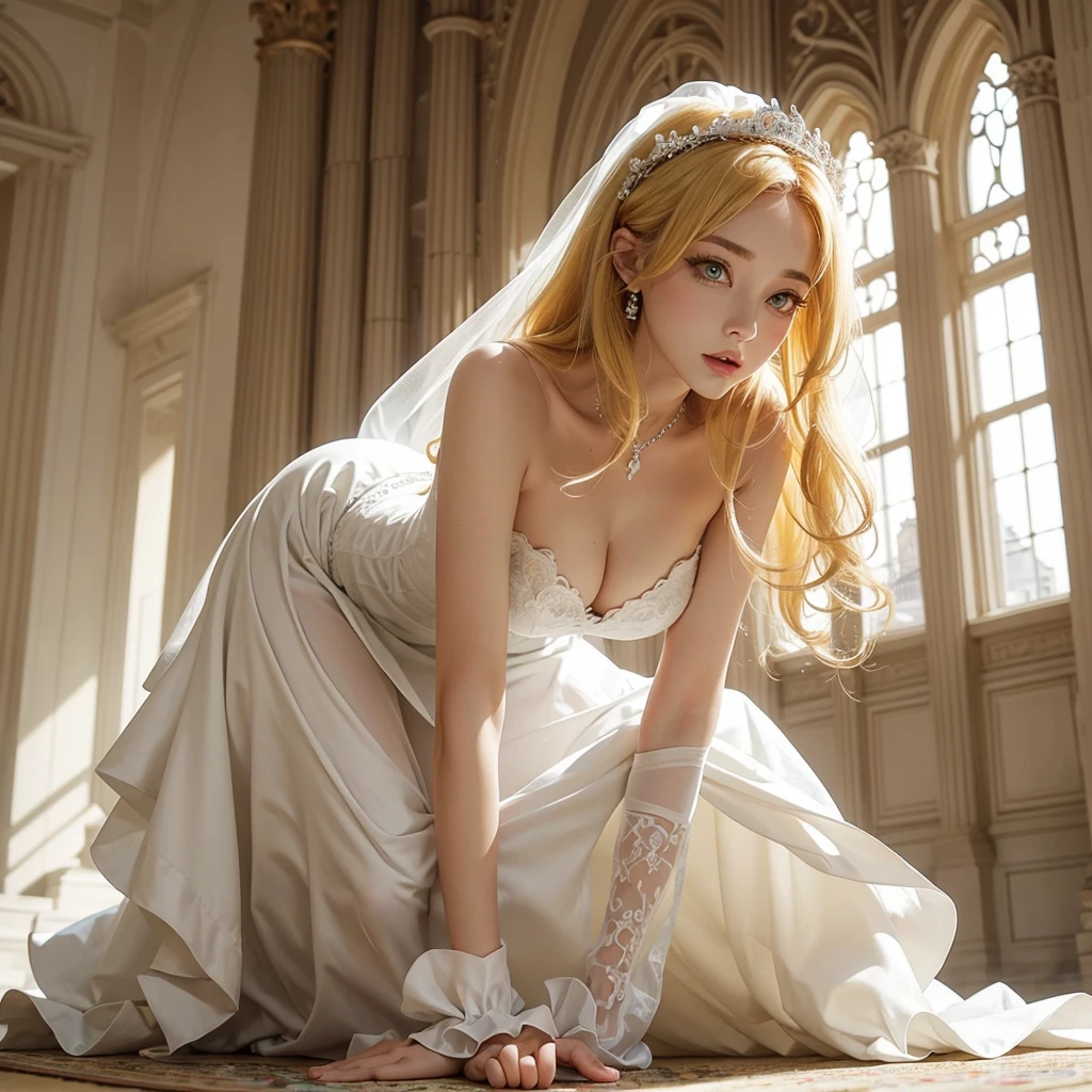 1 beautiful woman, white wedding dress, on all fours, tall, drooping eyes, double eyelid, upturned eyes, wavy hair, yellow hair, indoors, castle, masterpiece, extremely fine and beautiful, american