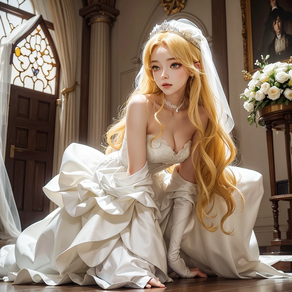 1 beautiful woman, white wedding dress, on all fours, tall, drooping eyes, double eyelid, upturned eyes, wavy hair, yellow hair, indoors, castle, masterpiece, extremely fine and beautiful, american