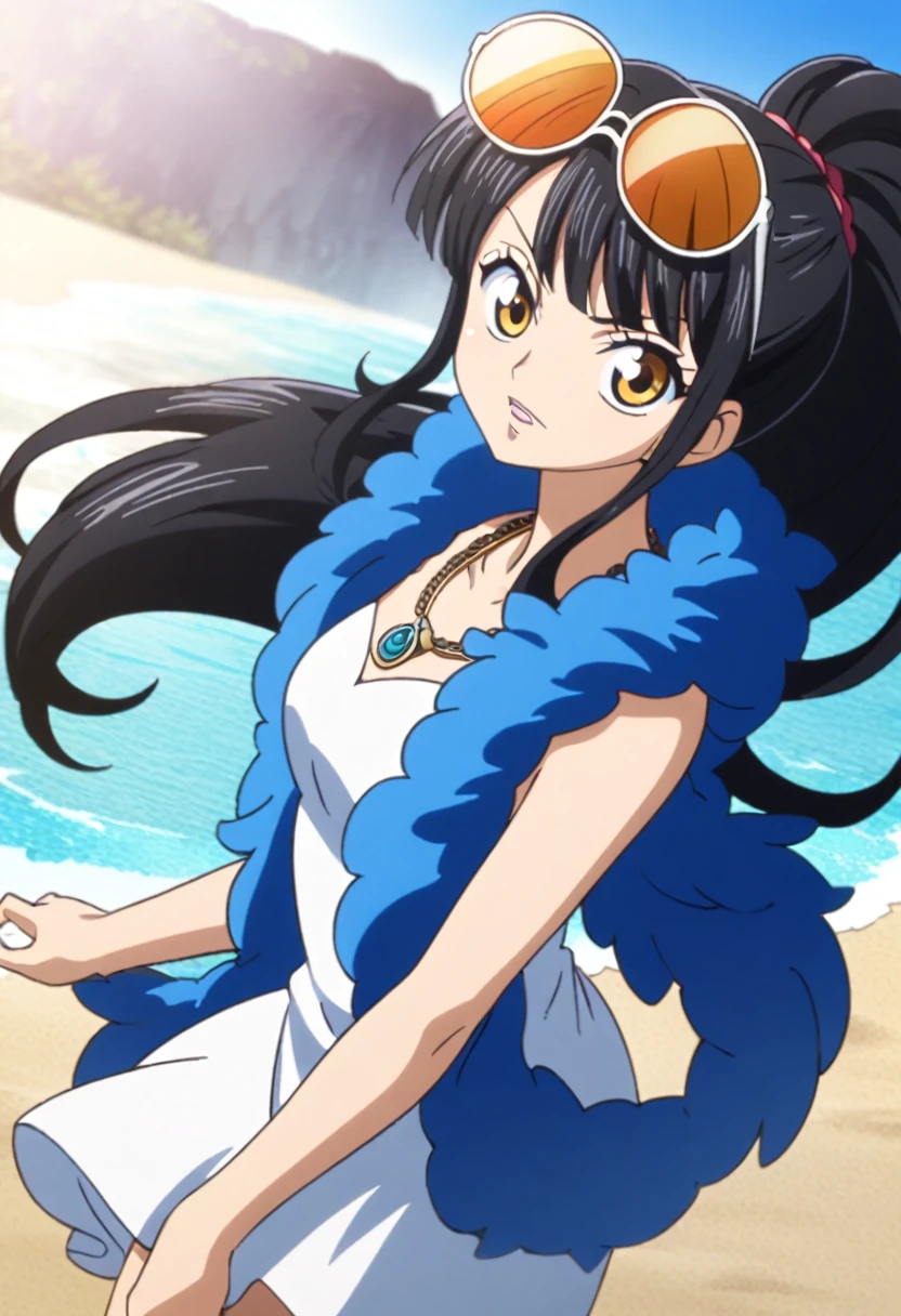 source_anime, 1girl, nico robin wearing a white short dress with a blue feather boa, nicogold, necklace, sunglasses, black hair, ponytail, upper body, looking at viewer, beach background, one piece robin 