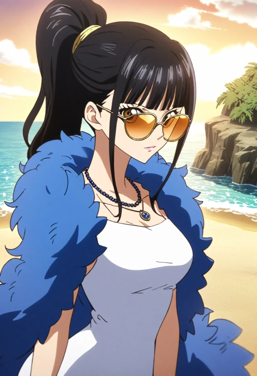 source_anime, 1girl, nico robin wearing a white short dress with a blue feather boa, nicogold, necklace, sunglasses, black hair, ponytail, upper body, looking at viewer, beach background, one piece robin 