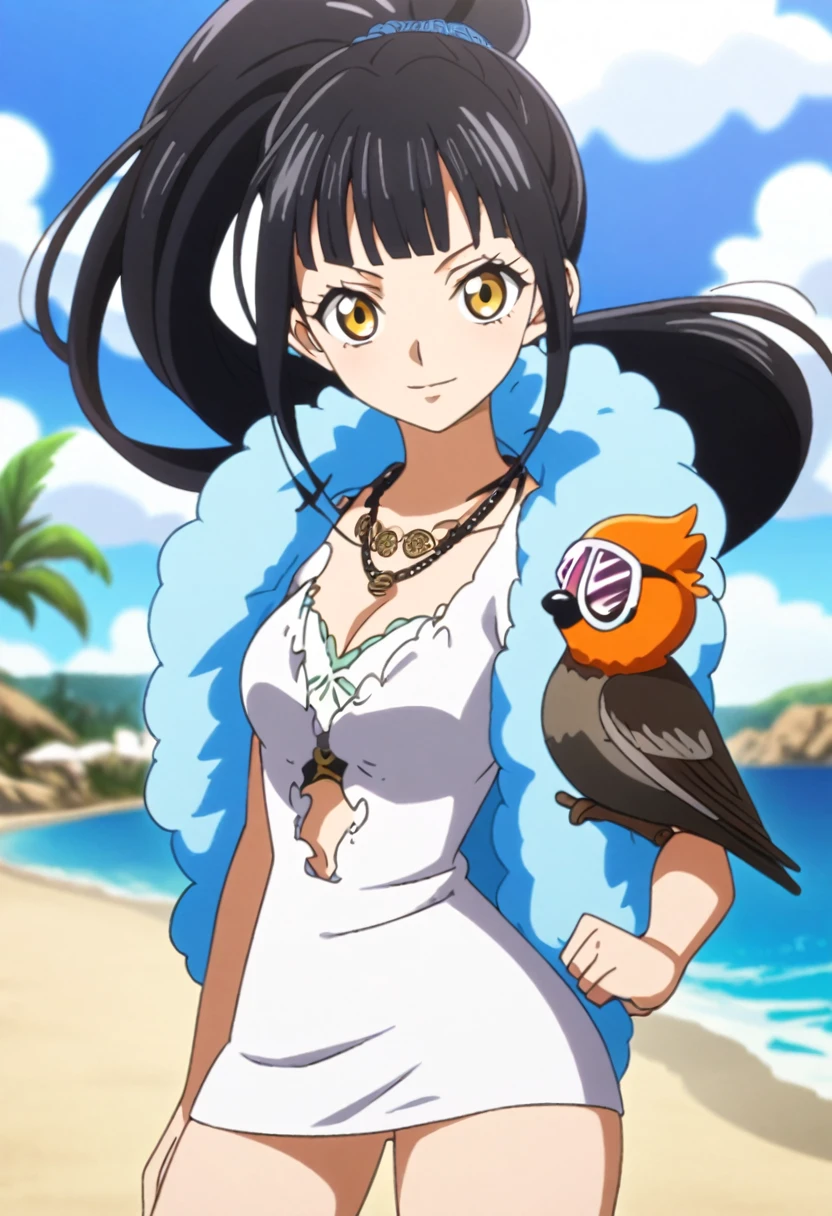 source_anime, 1girl, nico robin wearing a white short dress with a blue feather boa, nicogold, necklace, sunglasses, black hair, ponytail, upper body, looking at viewer, beach background, one piece robin