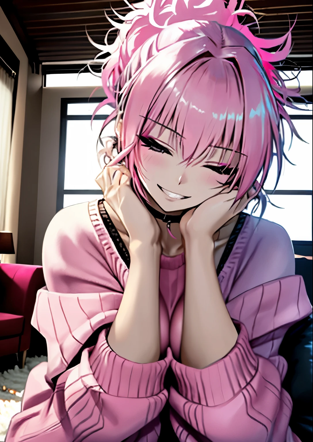 1girl,egirlmakeup, messy hair, messy ponytail, messy bangs, bright pink hair, big breasts, choker, living room, looking at viewer, pale skin, sweater, grin, eyes closed, closed eyes, head tilt, hands on face