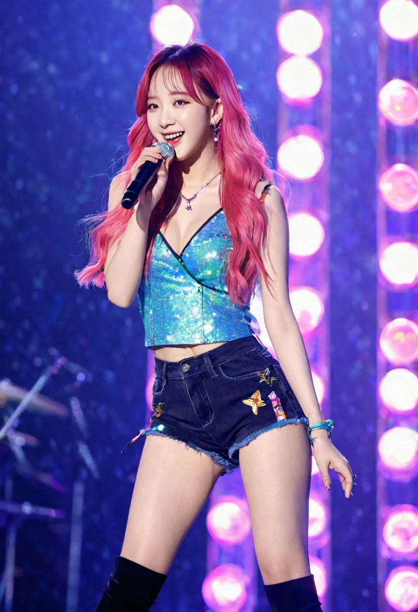1 Girl,Long hair,(Pink Hair),Idol performance,Girl,Full of vitality,Female idol,20 years old,stage表演,Chest,Smile,Looking at the audience,Korean Idol,Gorgeous clothing,Very long hair,Multi-colored hair,sleeveless,背景Vague,Colorful lights,Lips,大的Chest,shorts,High heel,campus,campus,student,Cleavage,Vague,stage,Venues,flash,spotlight,Zhang Yuanying,Cheng Xiao,blackpink,Xinya,Bare arms