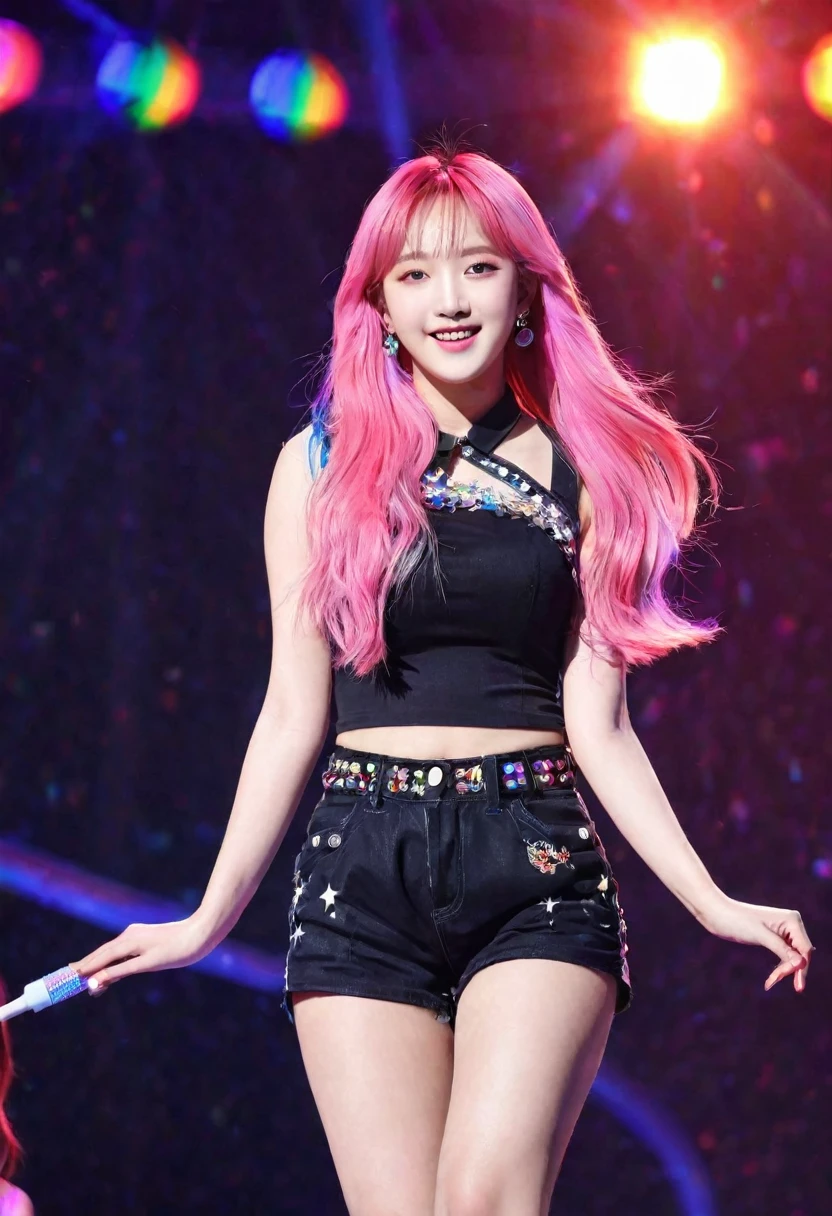 1 Girl,Long hair,(Pink Hair),Idol performance,Girl,Full of vitality,Female idol,20 years old,stage表演,Chest,Smile,Looking at the audience,Korean Idol,Gorgeous clothing,Very long hair,Multi-colored hair,sleeveless,背景Vague,Colorful lights,Lips,大的Chest,shorts,High heel,campus,campus,student,Cleavage,Vague,stage,Venues,flash,spotlight,Zhang Yuanying,Cheng Xiao,blackpink,Xinya,Bare arms
