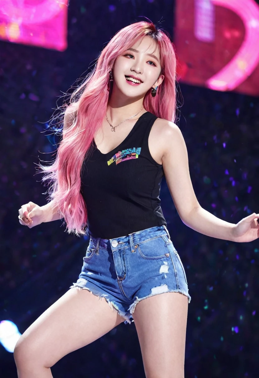 1 Girl,Long hair,(Pink Hair),Idol performance,Girl,Full of vitality,Female idol,20 years old,stage表演,Chest,Smile,Looking at the audience,Korean Idol,Gorgeous clothing,Very long hair,Multi-colored hair,sleeveless,背景Vague,Colorful lights,Lips,大的Chest,shorts,High heel,campus,campus,student,Cleavage,Vague,stage,Venues,flash,spotlight,Zhang Yuanying,Cheng Xiao,blackpink,Xinya,Bare arms