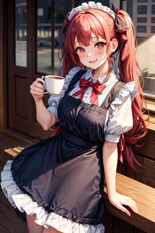 One adult woman,hair_Navy Blue,Twin tails,big tail,Cafe Waitress,apron_red,eye_pink,Lolita Fashion,uniform_red,Long dress_red,ストライプribbon,Frills,ribbon,Laughter,red面,Embarrassed face,Big ,cute,Coffee shop,Jobs