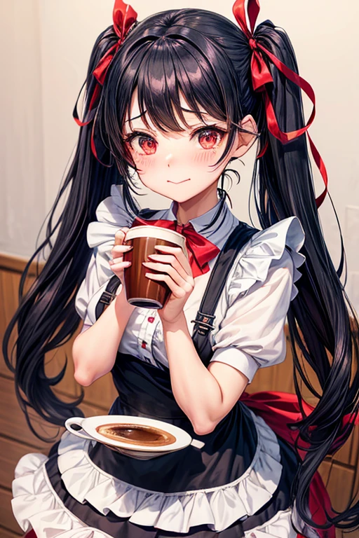 One adult woman,hair_Navy Blue,Twin tails,big tail,Cafe Waitress,apron_red,eye_pink,Lolita Fashion,uniform_red,Long dress_red,ストライプribbon,Frills,ribbon,Laughter,red面,Embarrassed face,Big ,cute,holding a coffee cup