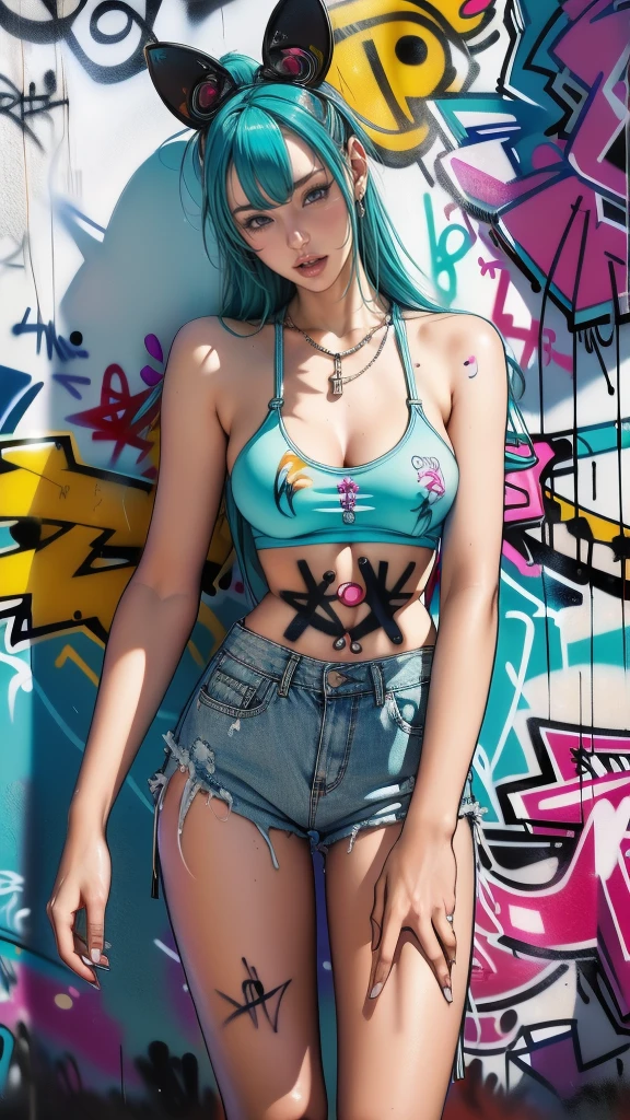 masterpiece, best quality, 1 Girl, Solitary, Top of crop, Denim shorts, Necklace, (Graffiti:1.5), Paint splatter, Put your hands behind your back, Against the wall, Looking at the audience, armband, Thigh straps, Body paint, Head tilt, boring, Colorful hair, Aqua eyes, earphone,