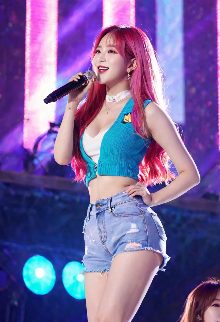 1 Girl,Long hair,(Pink Hair),Idol performance,Girl,Full of vitality,Female idol,20 years old,stage表演,Chest,Smile,Looking at the audience,Korean Idol,Gorgeous clothing,Very long hair,Multi-colored hair,sleeveless,背景Vague,Colorful lights,Lips,大的Chest,shorts,High heel,campus,campus,student,Cleavage,Vague,stage,Venues,flash,spotlight,Zhang Yuanying,Cheng Xiao,blackpink,Xinya,Bare arms