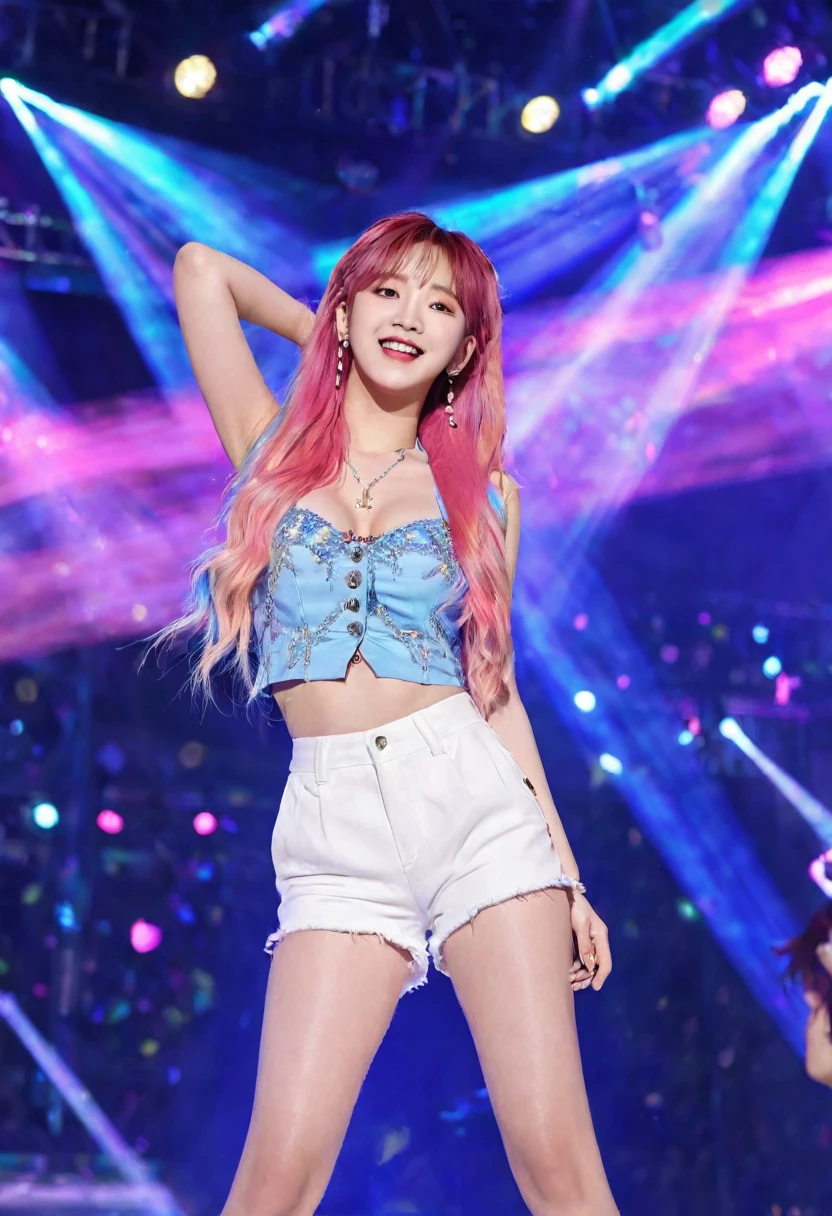1 Girl,Long hair,(Pink Hair),Idol performance,Girl,Full of vitality,Female idol,20 years old,stage表演,Chest,Smile,Looking at the audience,Korean Idol,Gorgeous clothing,Very long hair,Multi-colored hair,sleeveless,背景Vague,Colorful lights,Lips,大的Chest,shorts,High heel,campus,campus,student,Cleavage,Vague,stage,Venues,flash,spotlight,Zhang Yuanying,Cheng Xiao,blackpink,Xinya,Bare arms