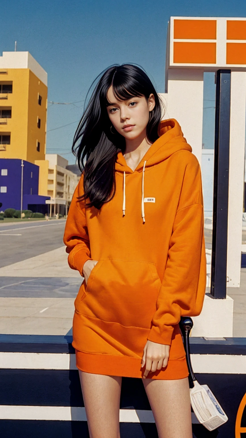 Best Quality,Masterpiece,Ultra High Resolution,(Realisticity:1.4),Original Photo, 1Girl,1 girl, wear ((orange color oversized hoodie)), (purple tennis skirt), light leak,dark intens shadow,ultra high resolution,UHD,beautiful, black bob hair, almond eye, no makeup, in front of 80's architecture colorful motel, (from below:1.2), (realistic:1.2), (surreal:1.3), (very detailed:1.1), ((masterpiece)),summer, blue sky, (palm trees),sunny, los angles vibes,thick outline. blurry photo. color slide film. 1958
