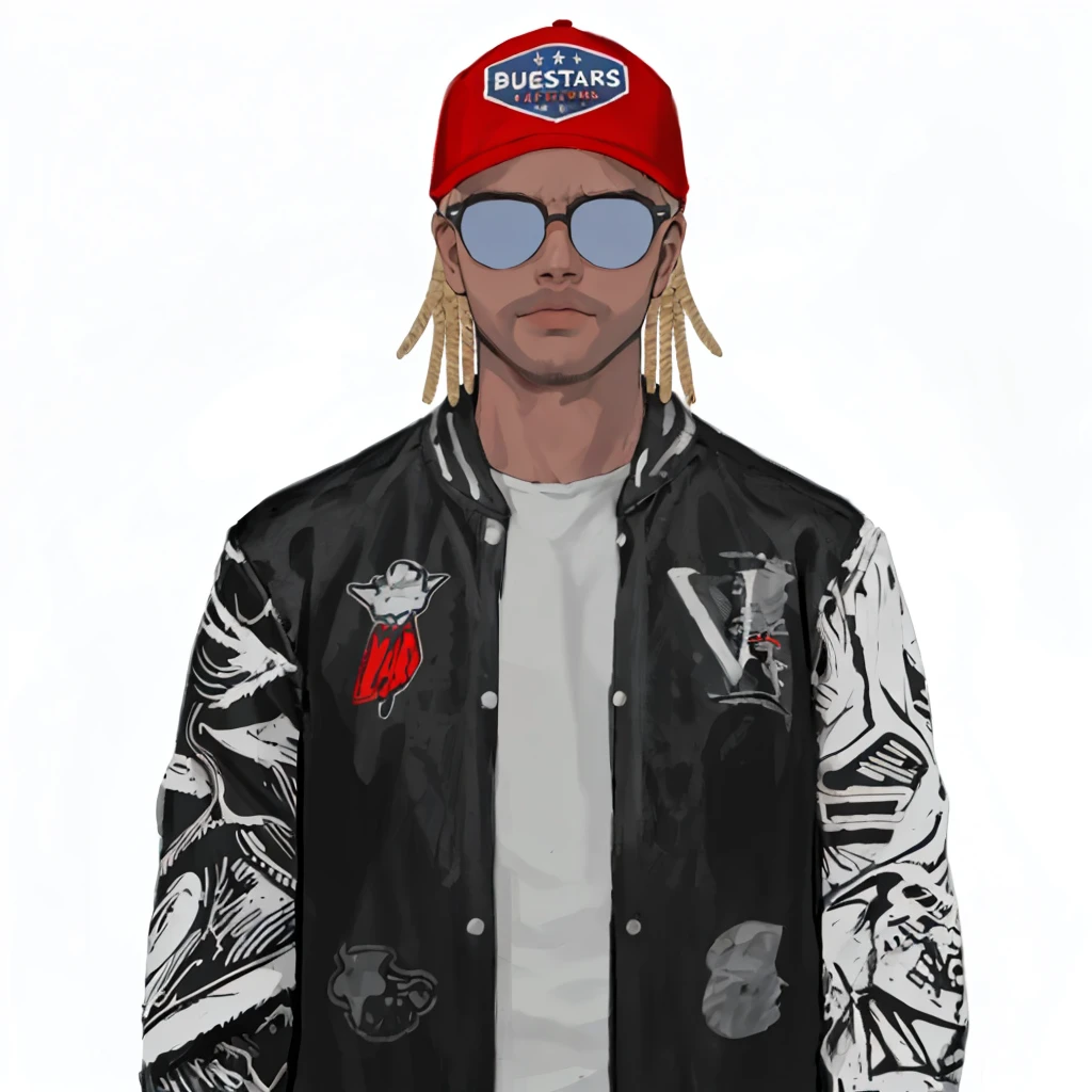(masterpiece:1.2, best quality), (1men, solo, upper body:1.2),flat face,Hair: buzz cut, Clothing: oversized, distressed denim jacket with patches and pins, paired with black skinny jeans and combat boots, Hanging out in an underground music venue or street art exhibit