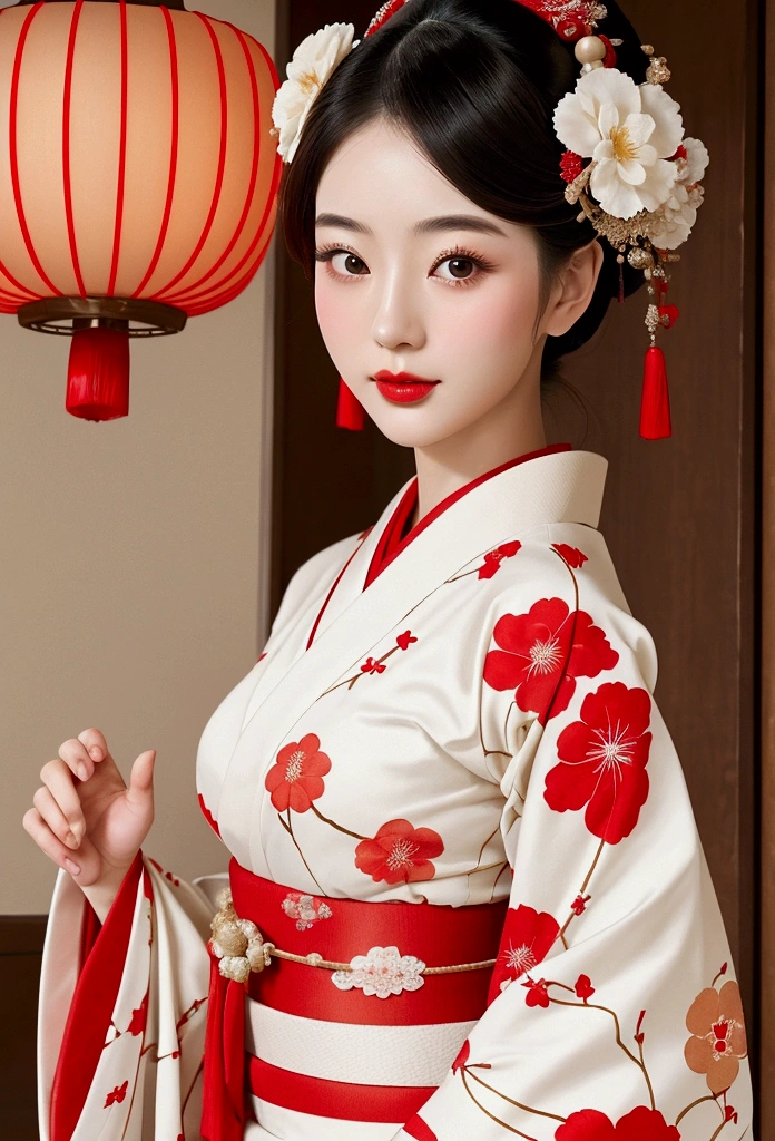 A gorgeously decorated maiko,She is a very elegant and beautiful 25-year-old woman..,Her Japanese hairstyle is lavishly decorated,Red and white traditional kimono