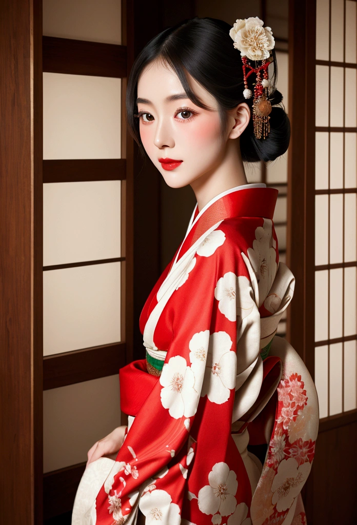 A gorgeously decorated maiko,She is a very elegant and beautiful 25-year-old woman..,Her Japanese hairstyle is lavishly decorated,Red and white traditional kimono