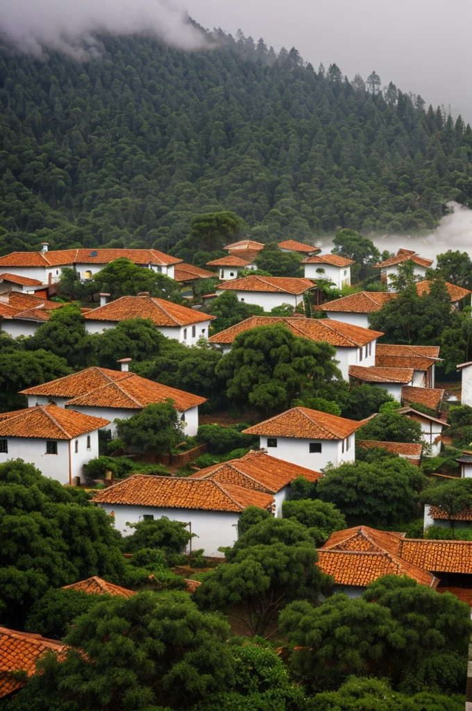 Village with many silver and colonial style flowers red tile roofs among pine trees fog and rain