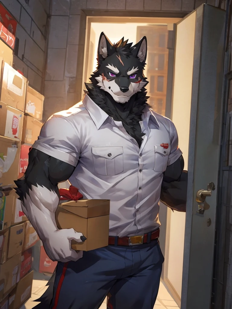 embedding:black wolf, male,purple eyes,Scar on the face, scar on the body,Single person,deliveryman,Standing outside the door,In the corridors,deliveryman shirt,Robust,Contempt,With the express box in his hand,The highest quality of scene detail,adult,Tall and powerful,muscle,Best quality hands, best quality eye,detailed fur,Delicate eyes.Extreme picture quality,by sollyz,by zixiong,by milkytiger1145