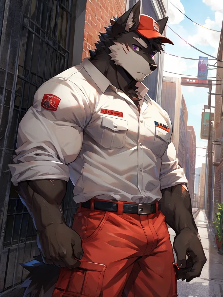embedding:black wolf, male,purple eyes,Scar on the face, scar on the body,Single person,deliveryman,Standing outside the door,In the corridors,deliveryman shirt,Robust,Contempt,With the express box in his hand,The highest quality of scene detail,adult,Tall and powerful,muscle,Best quality hands, best quality eye,detailed fur,Delicate eyes.Extreme picture quality,by sollyz,by zixiong,by milkytiger1145