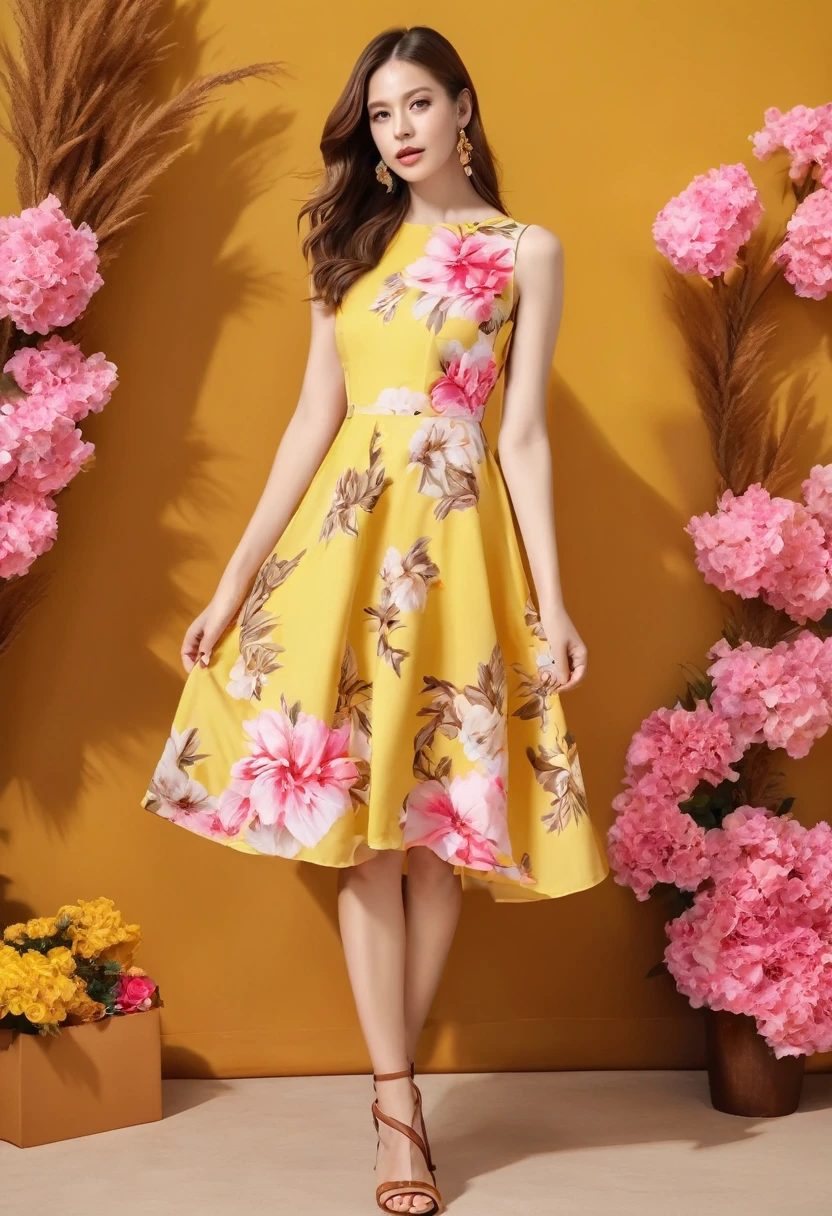 An image of a woman who calmly loves, Detailed medium brown hair, Bright yellow detailed eyes with long eyelashes, White short dress with pink floral print, Detailed brown high heel sandals. full body image. shoes foot