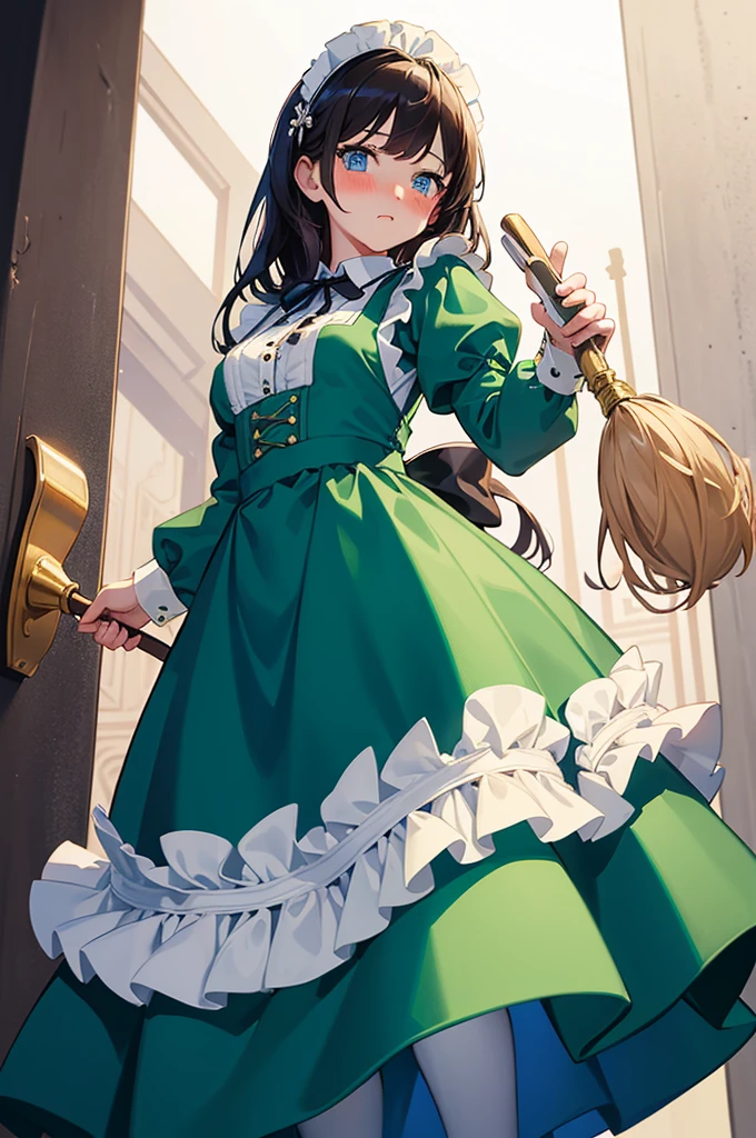 masterpiece, best quality,1girl, solo,whtie hair,medium hair,blue eyes,long sleeves,juliet sleeves,apron,maid,maid headdress,puffy sleeves,green dress,vest,buttons, white thighhighs,standing, looking at viewer, nose blush, (holding mop:1.2), (from below:1.3),