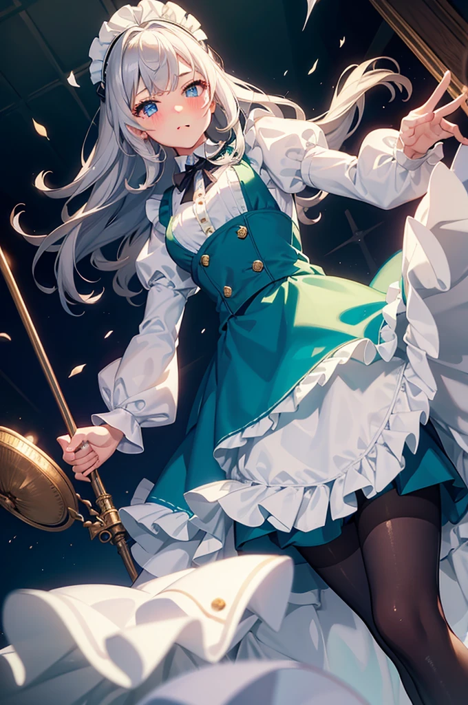 masterpiece, best quality,1girl, solo,whtie hair,medium hair,blue eyes,long sleeves,juliet sleeves,apron,maid,maid headdress,puffy sleeves,green dress,vest,buttons, white thighhighs,standing, looking at viewer, nose blush, (holding mop:1.2), (from below:1.3),