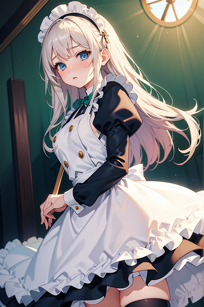 masterpiece, best quality,1girl, solo,whtie hair,medium hair,blue eyes,long sleeves,juliet sleeves,apron,maid,maid headdress,puffy sleeves,green dress,vest,buttons, white thighhighs,standing, looking at viewer, nose blush, (holding mop:1.2), (from below:1.3),