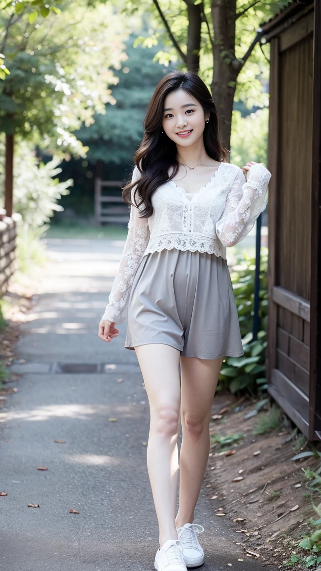 Petite portrait of 16 ye beautiful perfect face, she is a happy and beautiful Japan, moving the center of gravity back, quite embarrassing, without panties, thin legs, 90 degree knees, heels on the ground, kneeling, sidewalk, RAW photos, 8K, highest quality, super high resolution, beautiful face in detail, realistic human skin, gentle expression, front view, angle from below, long hair, realistic, photorealistic, cute, (short skirt: 0.5), full body, legs open, (spread legs: 3.0), lace underwear visible, lace underwear (: 0.5), arms above head