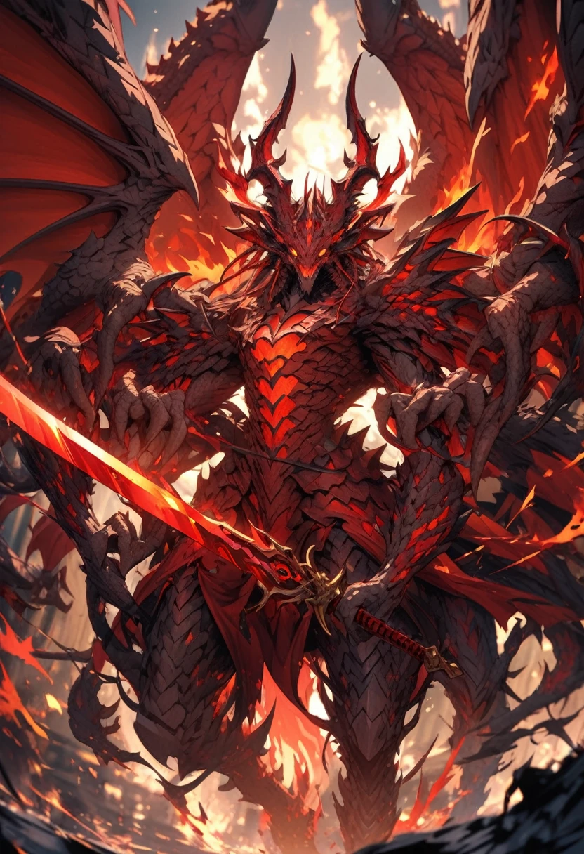 Highly detailed 4K dragon wings made of red flames.,holding a sword,four hands