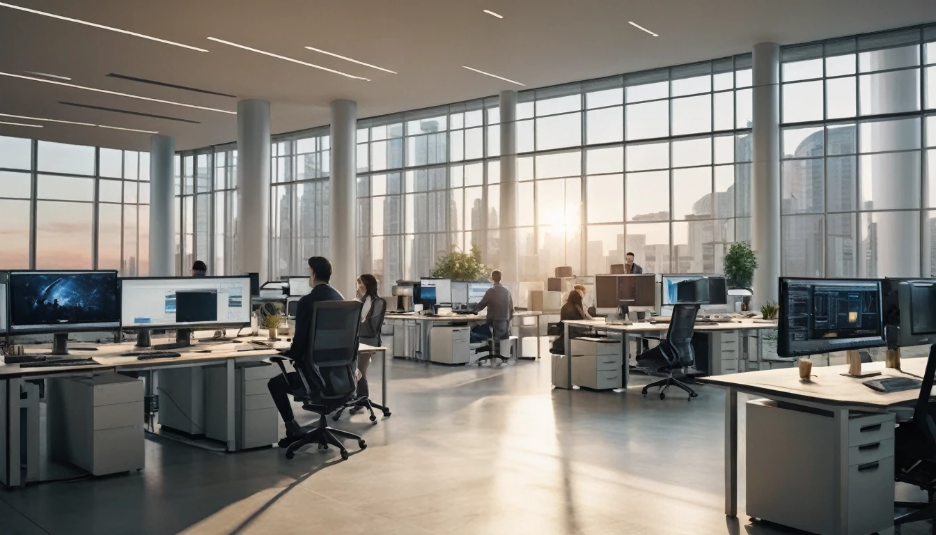 masterpiece, high quality image, people walking, people working in the background, person sitting in front of a computer, programming, office, wide shot, 8k, realistic, dynamic composition, detailed architecture, warm lighting, cinematic atmosphere, subtle color palette, clean lines, productive environment