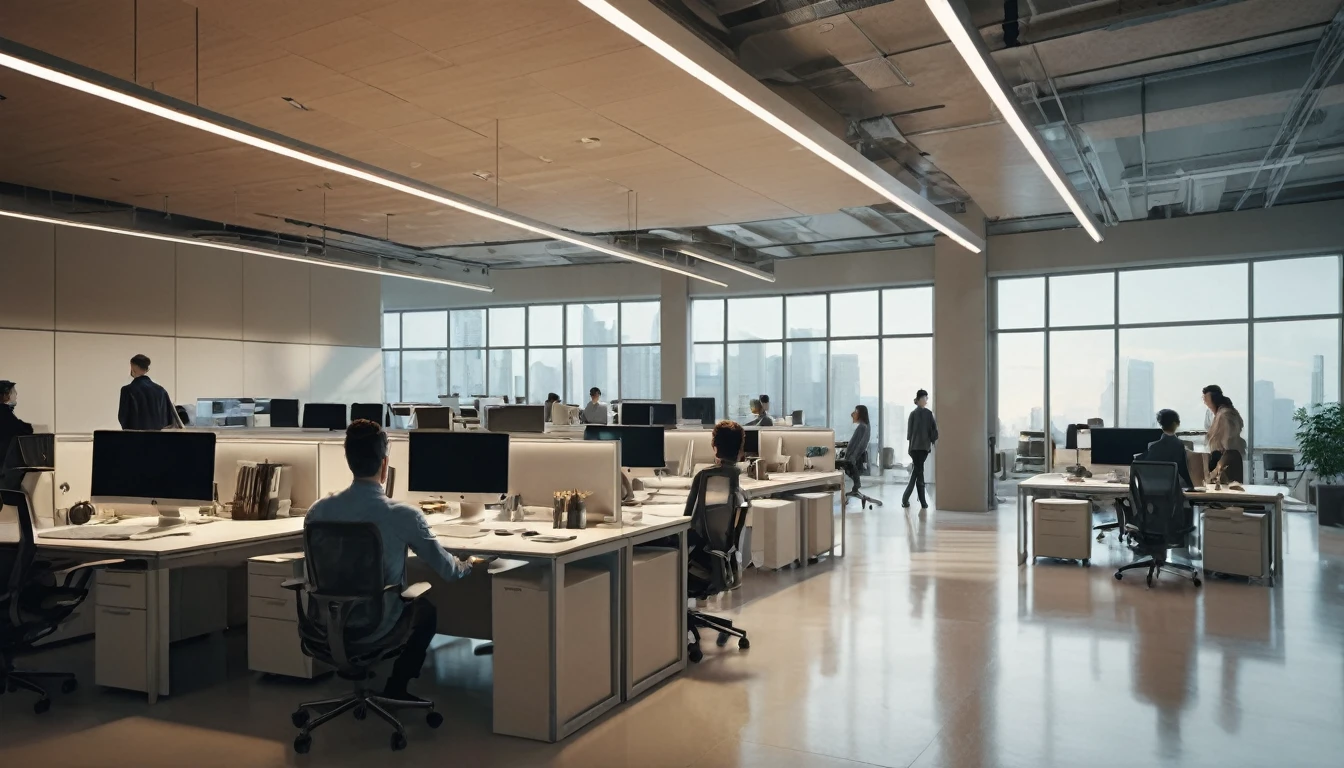 masterpiece, high quality image, people walking, people working in the background, person sitting in front of a computer, programming, office, wide shot, 8k, realistic, dynamic composition, detailed architecture, warm lighting, cinematic atmosphere, subtle color palette, clean lines, productive environment