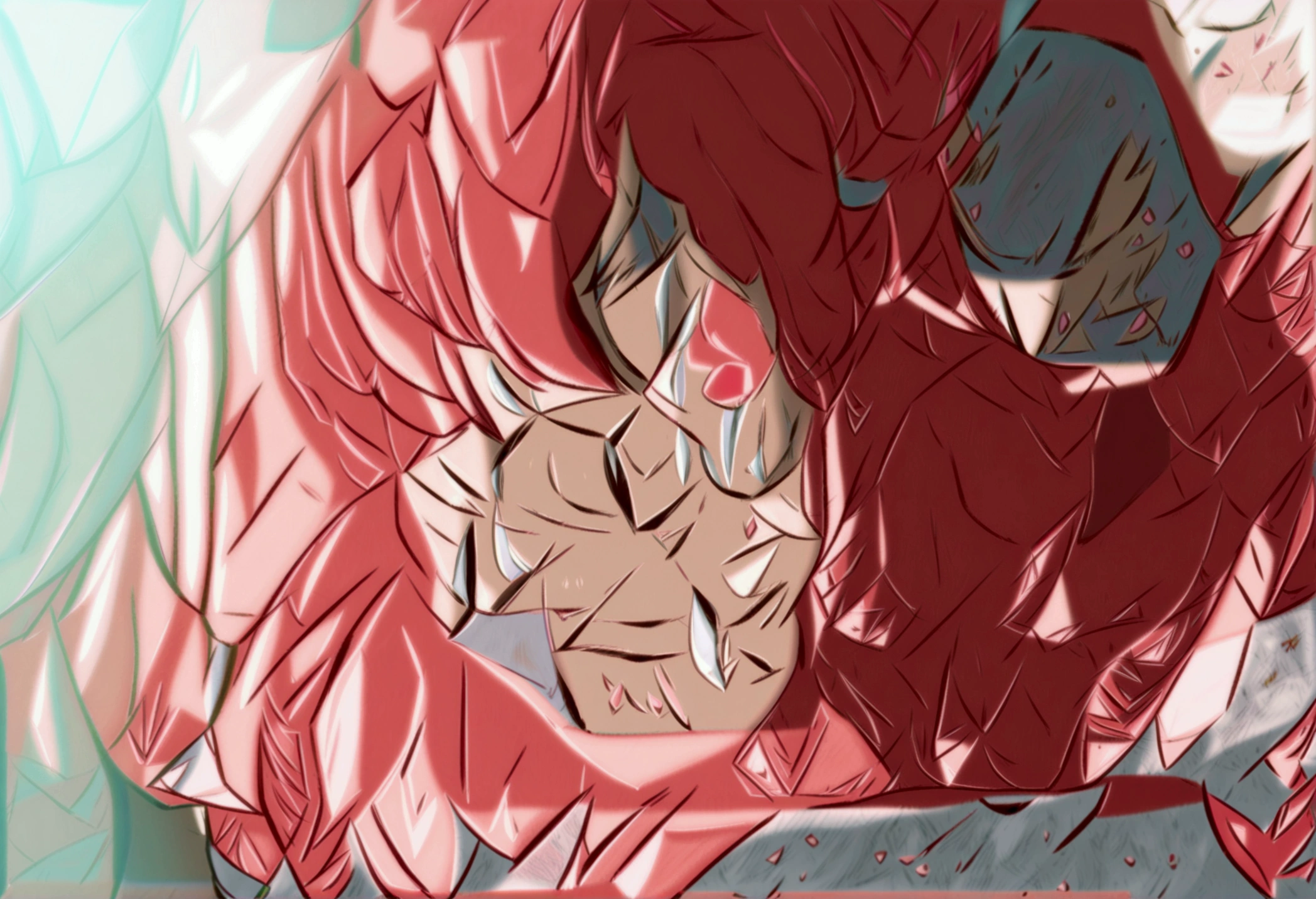 Kasane Teto, holding a baugette, smile, drill hair, twin-drill hair, soft-red hair, red eyes,