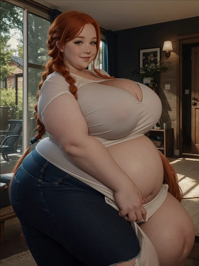 A happy, sidewiev photo of a young redhead ssbbw with long braided ginger hair, very very Huge soft hanging fat belly, her belly hanging over her thights, very obese fat arms, huge  butt, cute pretty face, fat huge breasts in a summer top and jeans, holding her huge hanging belly in a modern livingroom