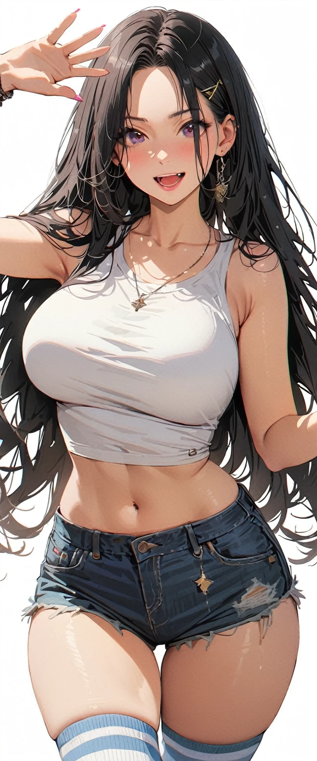 20 years old,1 mature woman,hyperrealistic, 8k, (extremely detailed 8k), (very delicate and beautiful), (masterpiece), (better quality:1.0), (ultra high resolution:1.0), (masterpiece, best quality),cute,black hair,cowboy shot,white background,realistic skin,Crop Top, Denim Shorts, Striped Knee Socks,model posing,big breasts,excited,pink nail,tanned skin,forehead