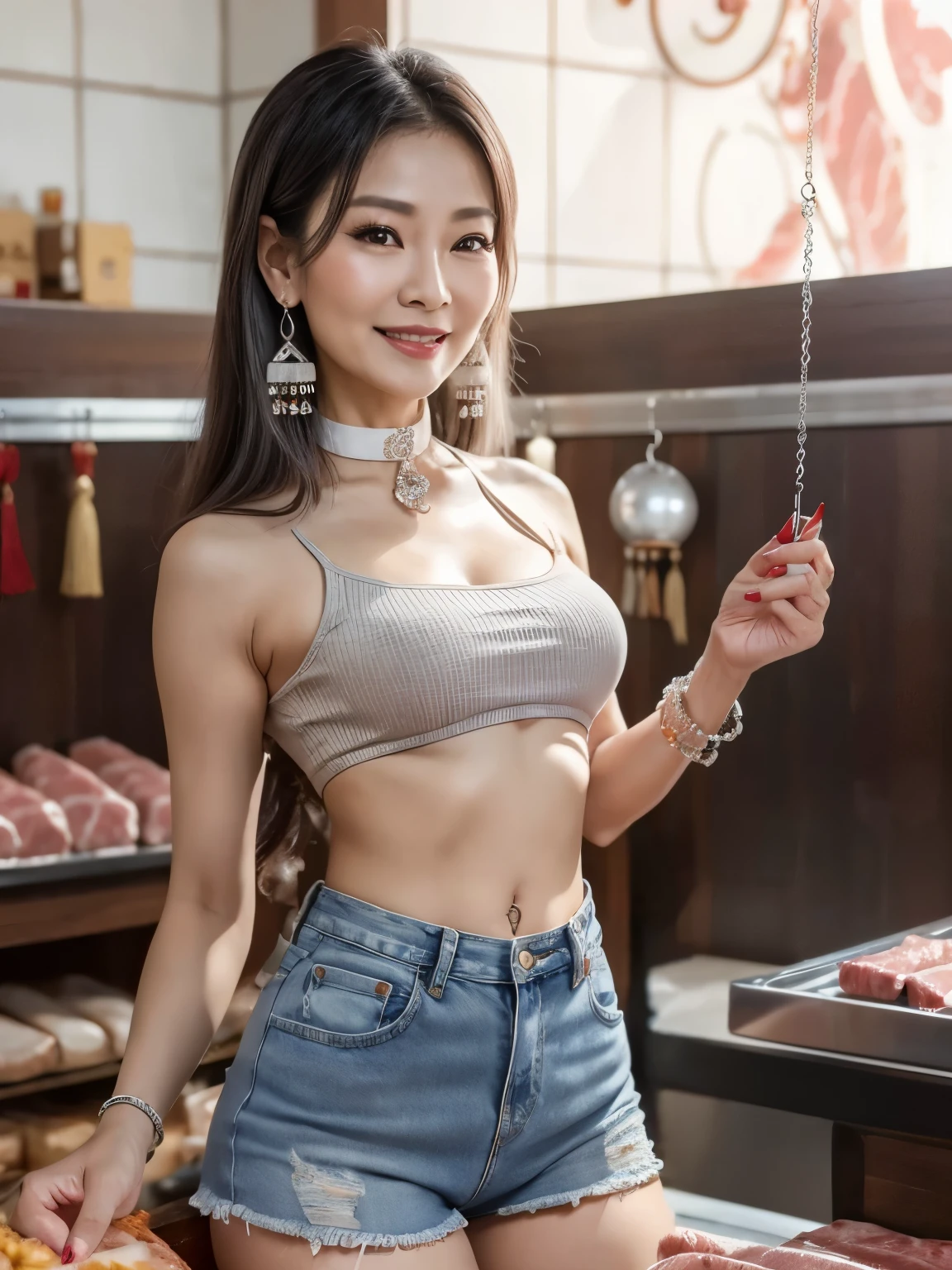 75 years old mom milf Korean, Lady large earring Big choker navel piercing decoration A bracelet Silver Hair realisitic Gorgeous Madame Beautiful Mature Woman sexly Smile Gentle woman navel piercing 4K High quality ベーカリーショップ bakery Croissant breakfast Denim shorts