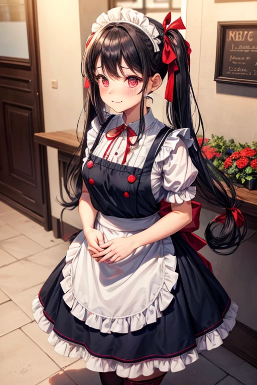 One adult woman,hair_Navy Blue,Twin tails,big tail,Cafe Waitress,apron_red,eye_pink,Lolita Fashion,uniform_red,Long dress_red,ストライプribbon,Frills,ribbon,Laughter,red面,Embarrassed face,Big ,cute,