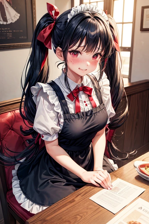 One adult woman,hair_Navy Blue,Twin tails,big tail,Cafe Waitress,apron_red,eye_pink,Lolita Fashion,uniform_red,Long dress_red,ストライプribbon,Frills,ribbon,Laughter,red面,Embarrassed face,Big ,cute,Coffee shop,Jobs