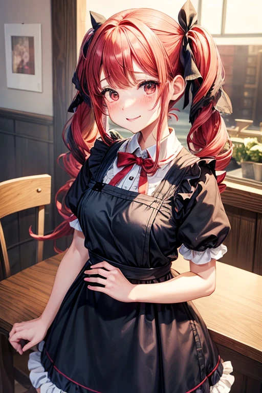 One adult woman,hair_Navy Blue,Twin tails,big tail,Cafe Waitress,apron_red,eye_pink,Lolita Fashion,uniform_red,Long dress_red,ストライプribbon,Frills,ribbon,Laughter,red面,Embarrassed face,Big ,cute,Coffee shop,Jobs