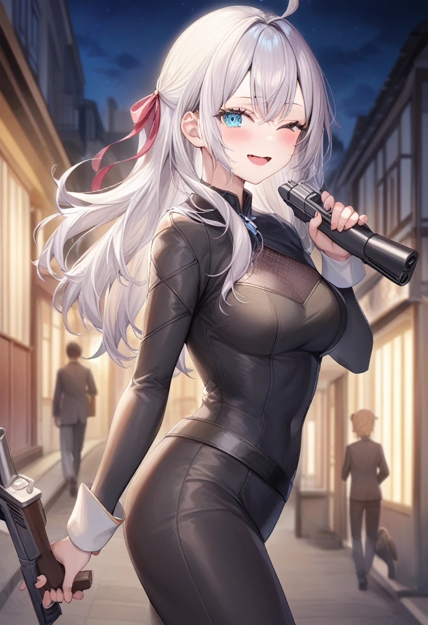 One girl, Alisa Mikhailovna Kujo,Tomorrow, my friend, Arya-san, will be visiting Russia.,alone, Long Hair, Eyebrows visible through hair, Hair between the eyes, Silver Hair, Hair Ribbon, blue eyes, Medium chest, ,Full body black bodysuit,spy、See a viewer holding a gun, Upper Body, Dutch Angle,Mouth closed, Close one eye, A light smile,
Highest quality, so beautiful, Absurd,at night