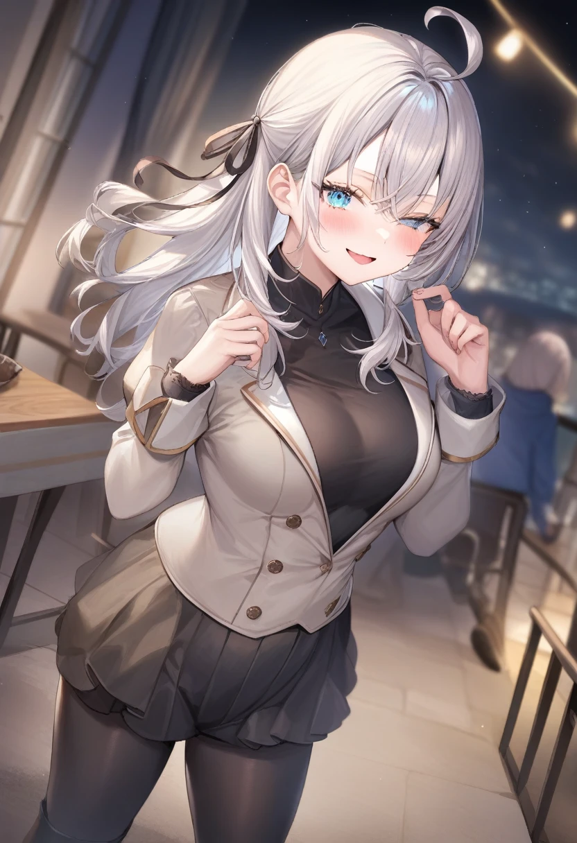 One girl, Alisa Mikhailovna Kujo,Tomorrow, my friend, Arya-san, will be visiting Russia.,alone, Long Hair, Eyebrows visible through hair, Hair between the eyes, Silver Hair, Hair Ribbon, blue eyes, Medium chest, ,Full body black bodysuit,spy、See a viewer holding a gun, Upper Body, Dutch Angle,Mouth closed, Close one eye, A light smile,
Highest quality, so beautiful, Absurd,at night