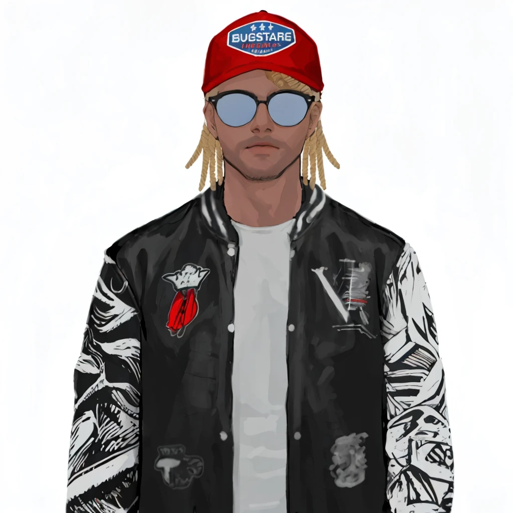 (masterpiece:1.2, best quality), (1men, solo, upper body:1.2),flat face,Hair: buzz cut, Clothing: oversized, distressed denim jacket with patches and pins, paired with black skinny jeans and combat boots, Hanging out in an underground music venue or street art exhibit