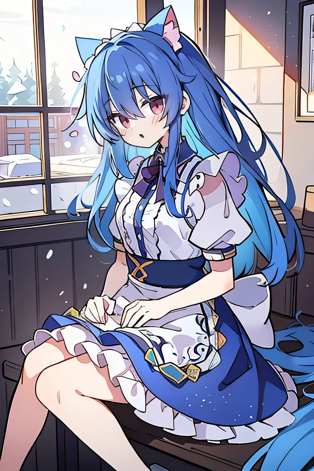 (masterpiece:1.2),Super detailed,lifelike,Expressive eyes,fair skin,perfect face shape,1 girl,
Japanese comics,Gorgeous blue hair,flowing blue hair,flowing clothes,Cat ears,Petals fall,beautiful lola,Baby Angel,
,Cross your legs,Gentle and peaceful background,The pavilion is cool and comfortable, maid outfit, maid,cafes,In front of the window,,snowing。