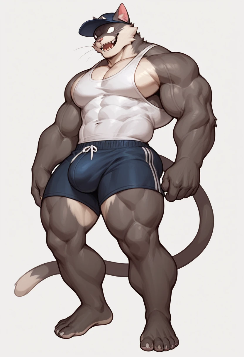 Cat, full body , good looking, male, anthro, shorts, ultradetailed, muscular, Barefoot, plantigrade feet , massive feet , vains , gigantic thorbing hard bulge, solo, bareness, rippling muscles, muscles, simple background, white background, tail, cap, obscured eyes, smile, sleeveless shirt, two-tone fur, sharp teeth,cat eyes