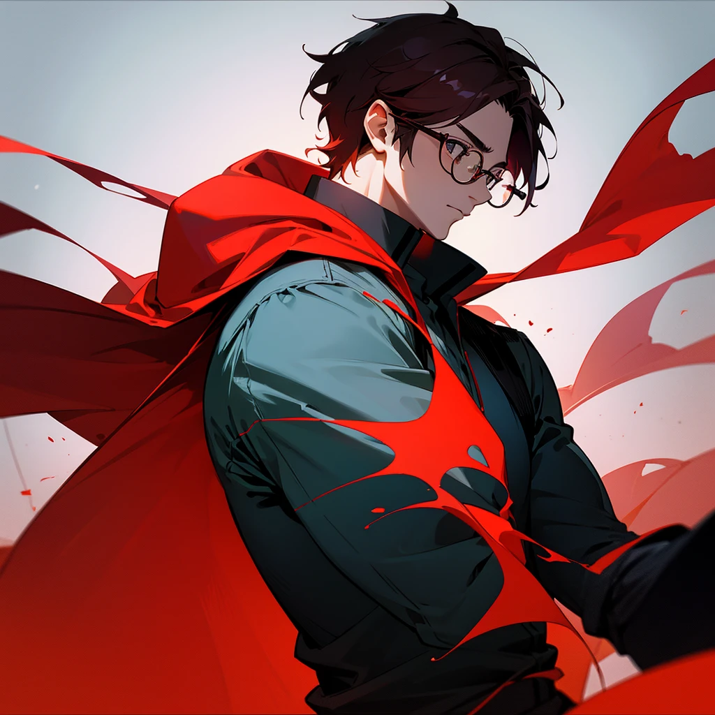 hero profile, web developer, transparent background, professional photo, mainly red color, male, wears glasses, black hari