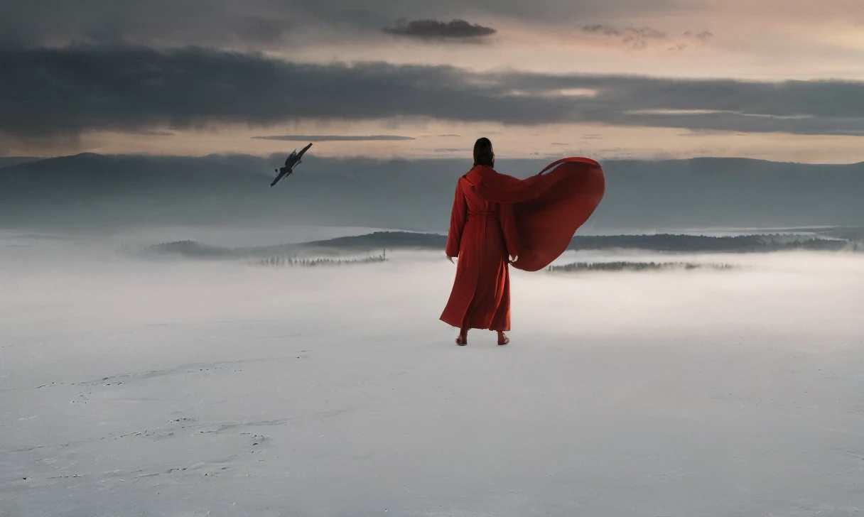  a young woman with flowing red robes standing on the edge, facing the viewer, directly looking at the camera, full body shot from high angle, cinematic painting, sharp mountains with epic clouds ,fog, mist, (masterpiece, best quality),ultra-detailed, add-detail-xl,
